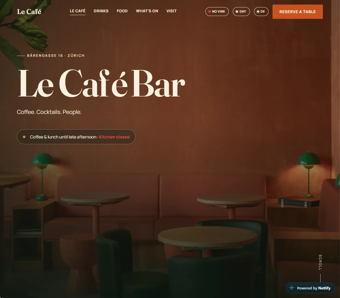 Le Café Bar website concept — desktop view
