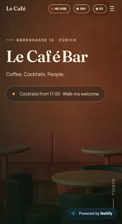 Le Café Bar website concept — mobile view