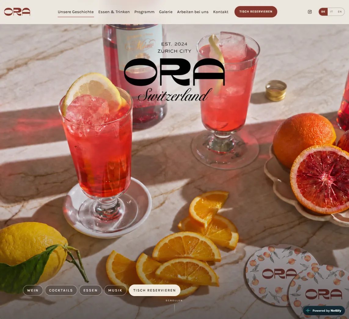 ORA Bar website concept — desktop view
