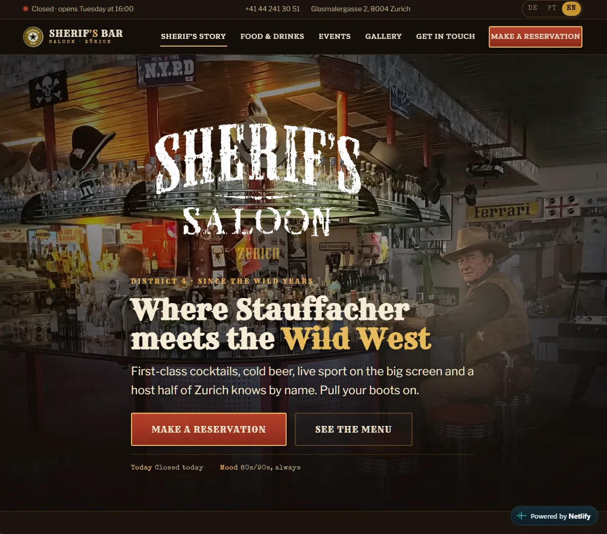 Sherif's Bar website concept — desktop view